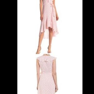 Hi-low pink wrap ruffle dot dress